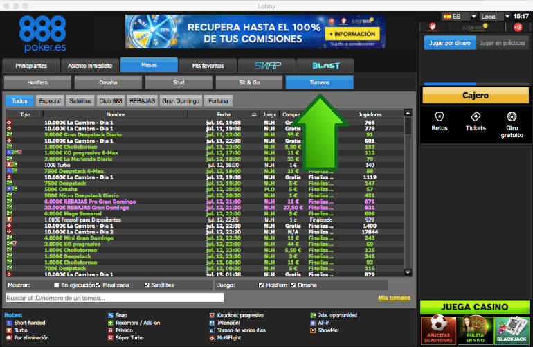 Los torneos de poker online en 888